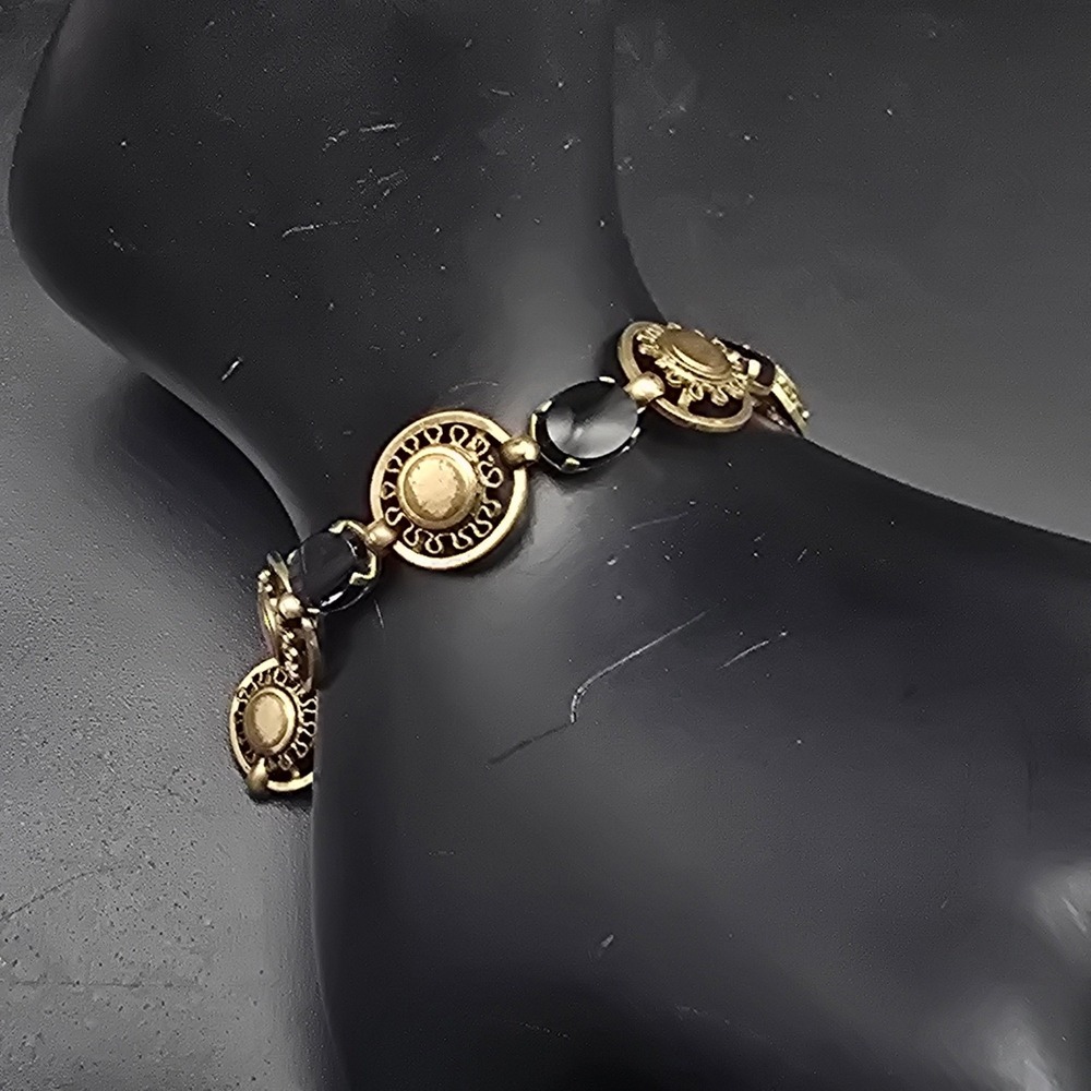 12K Gold Filled Bracelet Black Cabochons Filigree Open Work Vintage READ